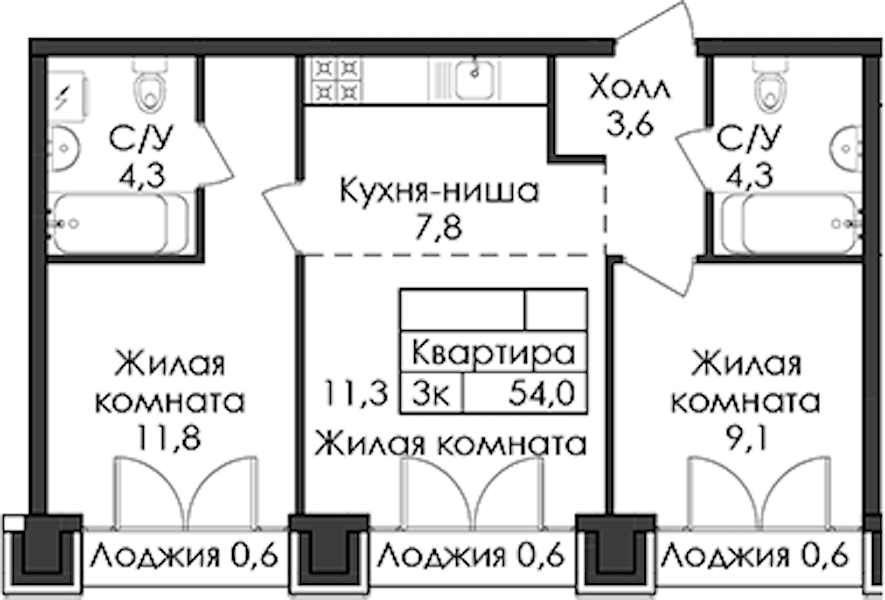 2-комнатная квартира 54 м², 8/9 эт., ЖК «Лермонтовский 54»